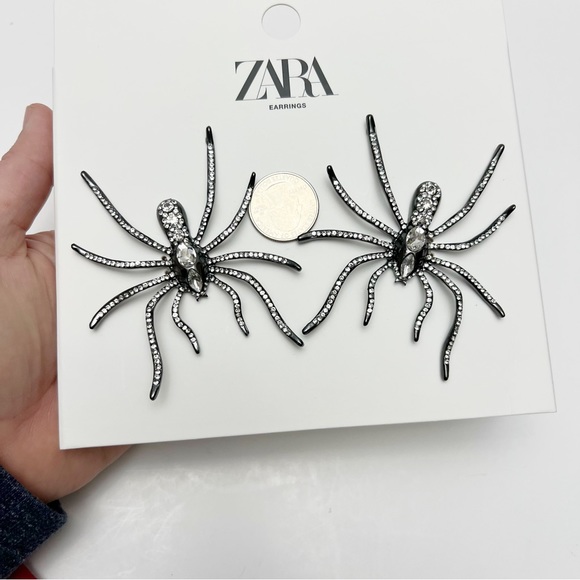 ZARA Clear Rhinestone Crystal Oversized Spider Statement Halloween Earrings NEW - Picture 2 of 5
